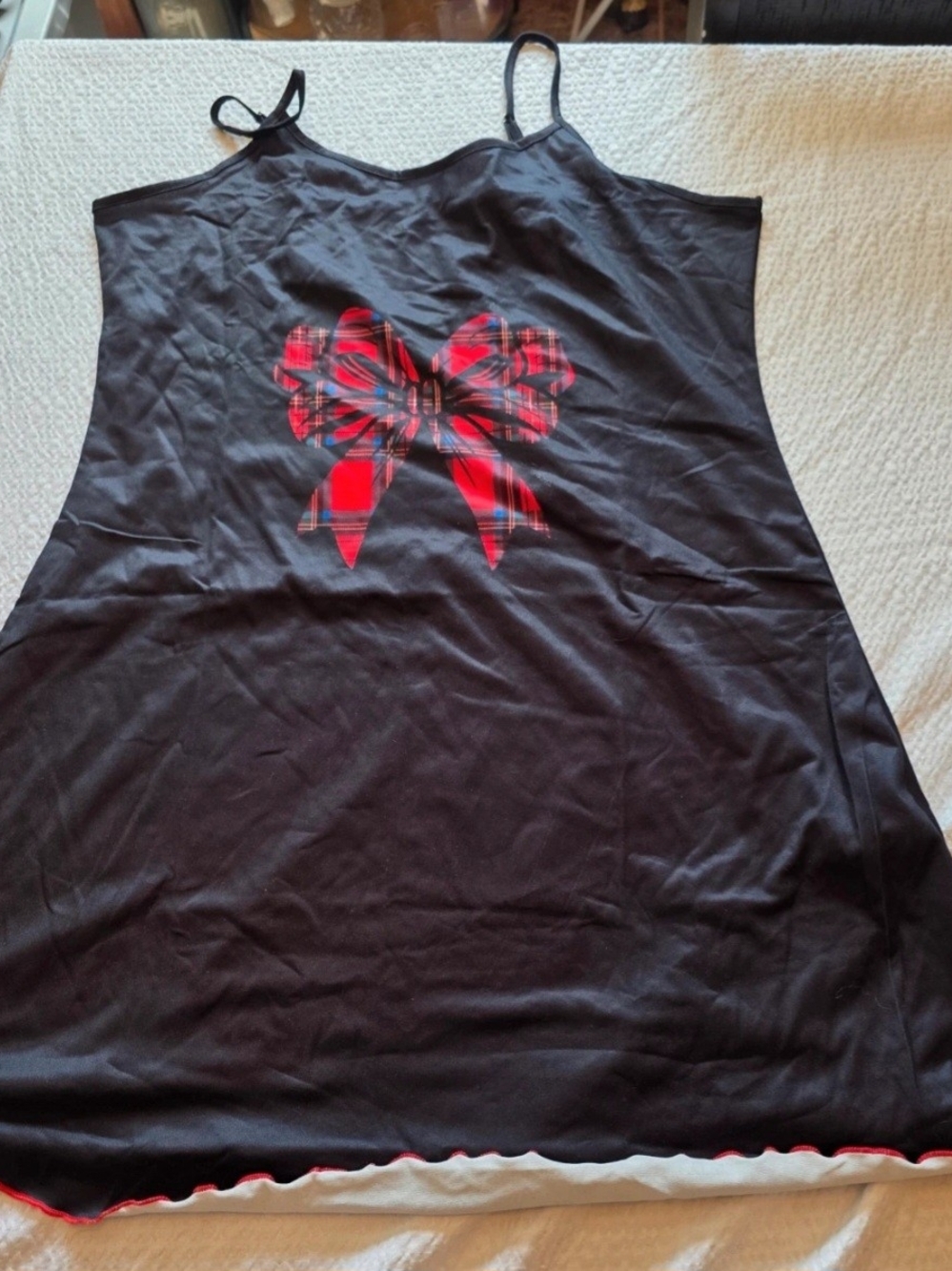 SHEIN Black Slip Nightdress with Red Plaid Bow Graphic Xl